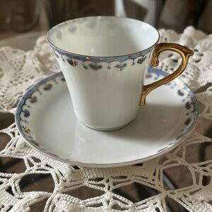 Elegant White and Blue with Gold TrimTeacup with Saucer, antique
